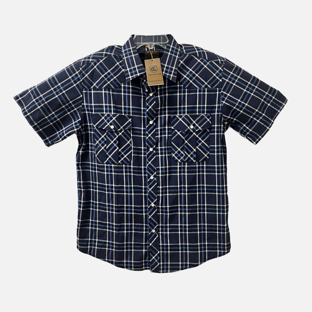 Coevals Club Blue Plaid Pearl Snaps Men’s Short Sleeve Shirt Size Large  NWT